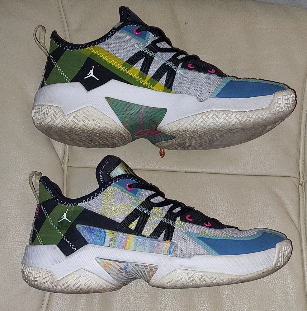 This is a Jordan One Take 2 basketball shoe, specifically the 'Wolf Grey Aurora